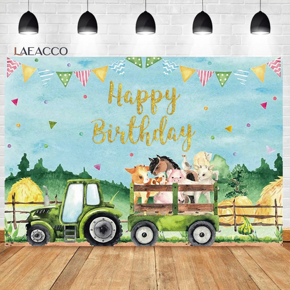 Laeacco Hoạt Hình Trang Trại Sinh Nhật Chụp Ảnh Phông Nền Xanh Xe Tải Động Vật Nông Trại Kid Cho Bé Chân Dung Tùy Chỉnh Nền