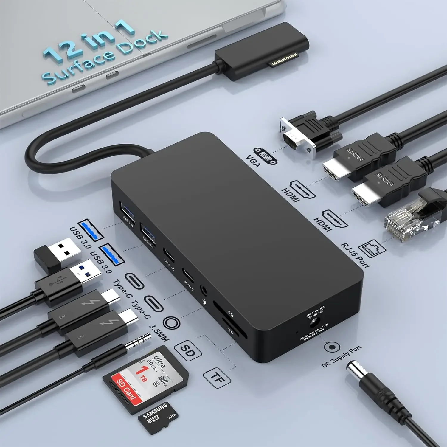 Portable 12-in-1 Triple Display 2 HDMI 4K VGA Surface Docking Station Surface Dock for Surface Book Laptop Go/5/4/3/2/1