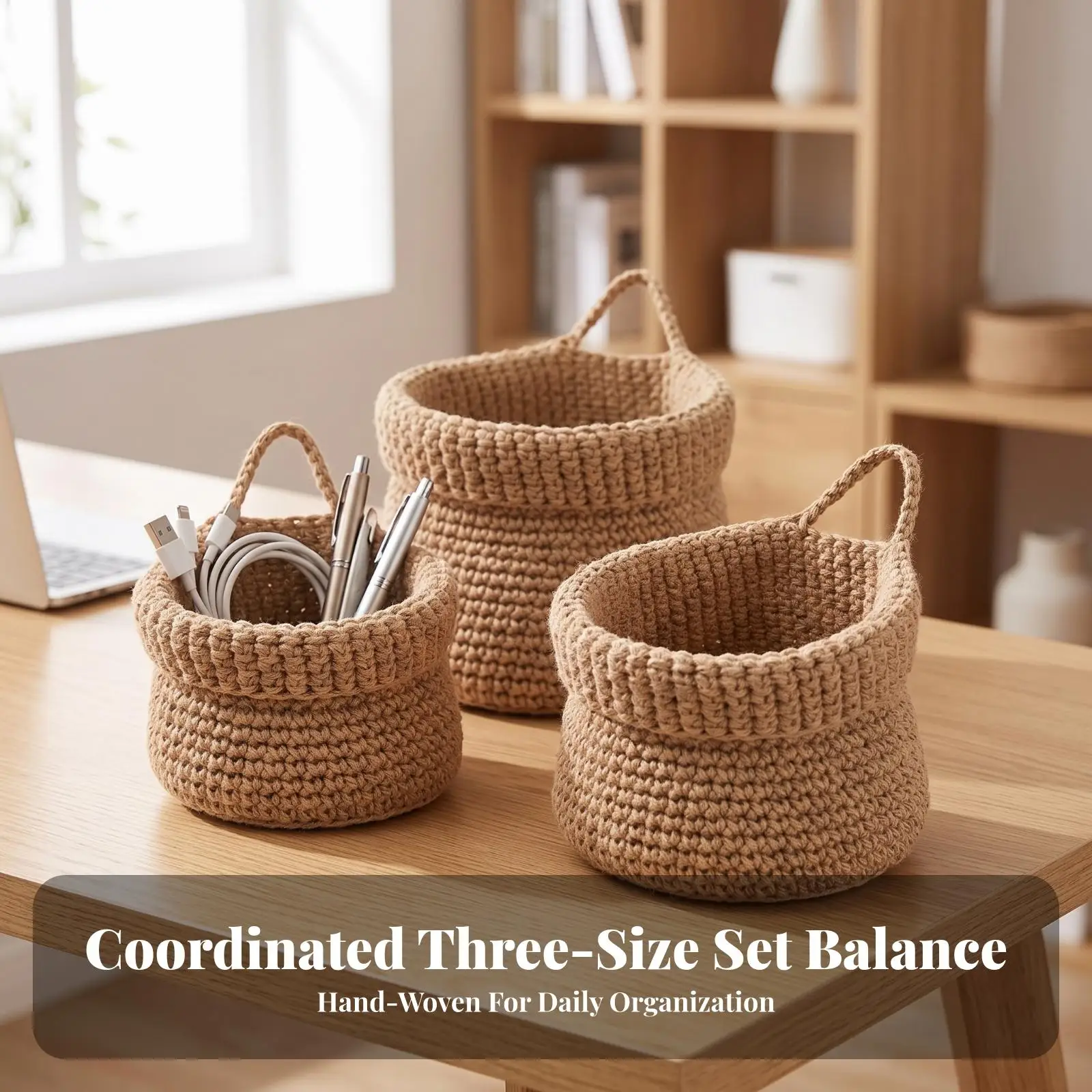 3 Pieces Handwoven Wall Hanging Basket | Brown Finish, Wall Hanging Basket with Rope Handle, Compact Stackable Shape, for