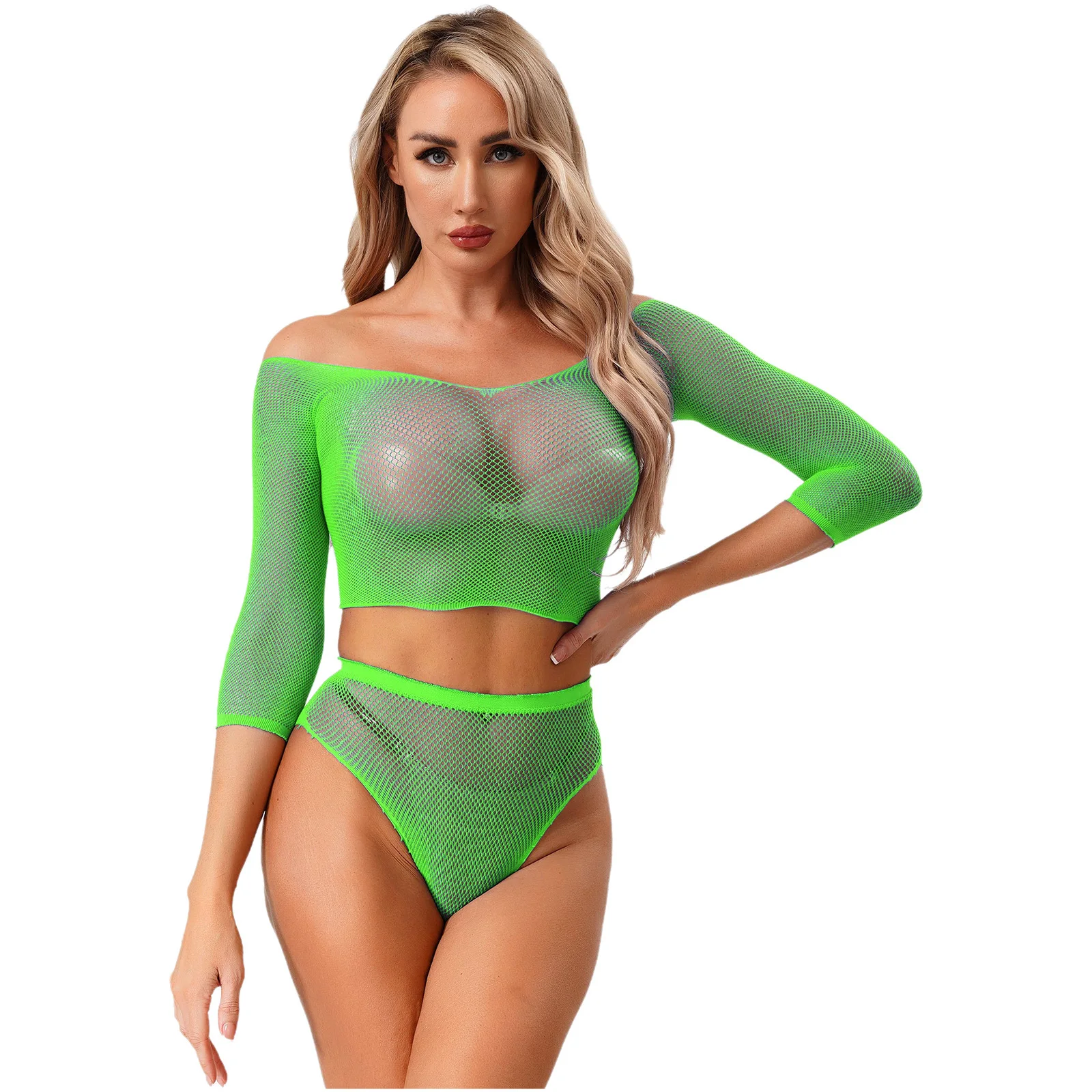 مجموعة ملابس داخلية نسائية شفافة من خلال شبكة صيد السمك بأكمام قصيرة مع مجموعة ملابس داخلية عالية الخصر للاجتماعات الليلية والرقص على القطب #2