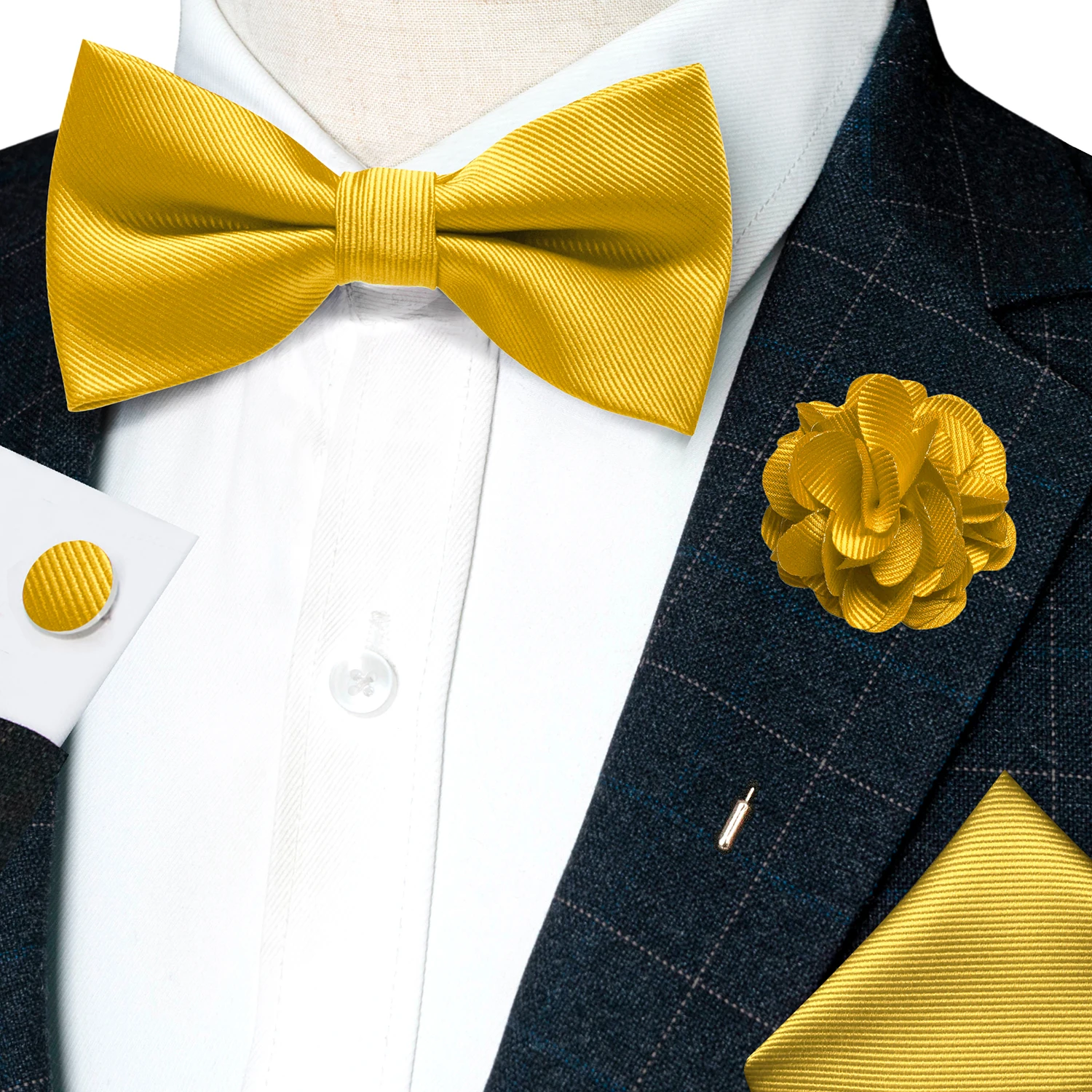 Hochzeits-Fliege für Herren, einfarbig rosa, vorgebundene Fliege, Einstecktuch, Manschettenknöpfe, Corsage-Set, Party, Business, Seiden-Schmetterlingsknoten, Geschenk – Detail 23