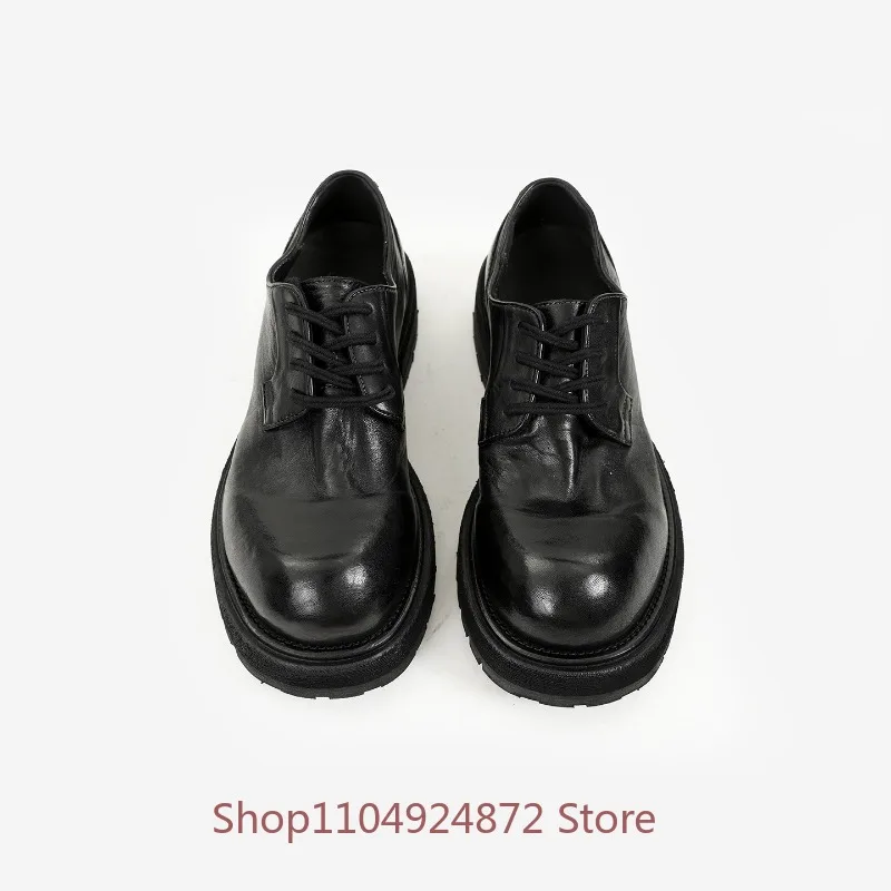 Handmade Round Toe Leather Shoes Men's Vintage Genuine Leather Fashion Casual Thick Platform Sole Lace‑Up Dress Work Male Shoes
