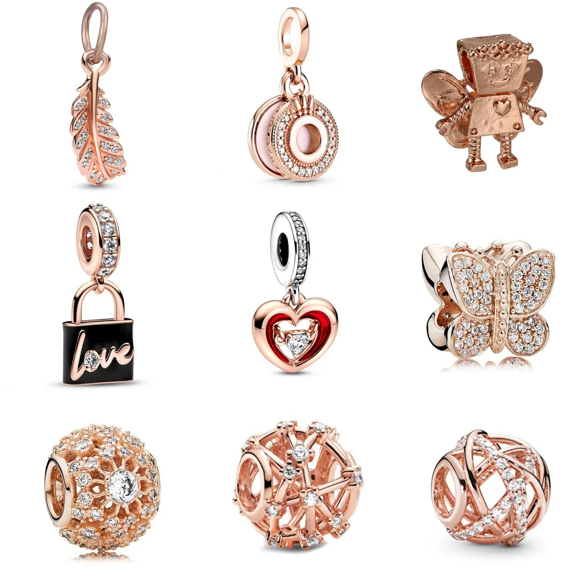 New Rose Gold Sparkling Star Flower Heart Charm Beads Pendant For Pandora Bracelets Necklaces Jewelry Accessories Gifts