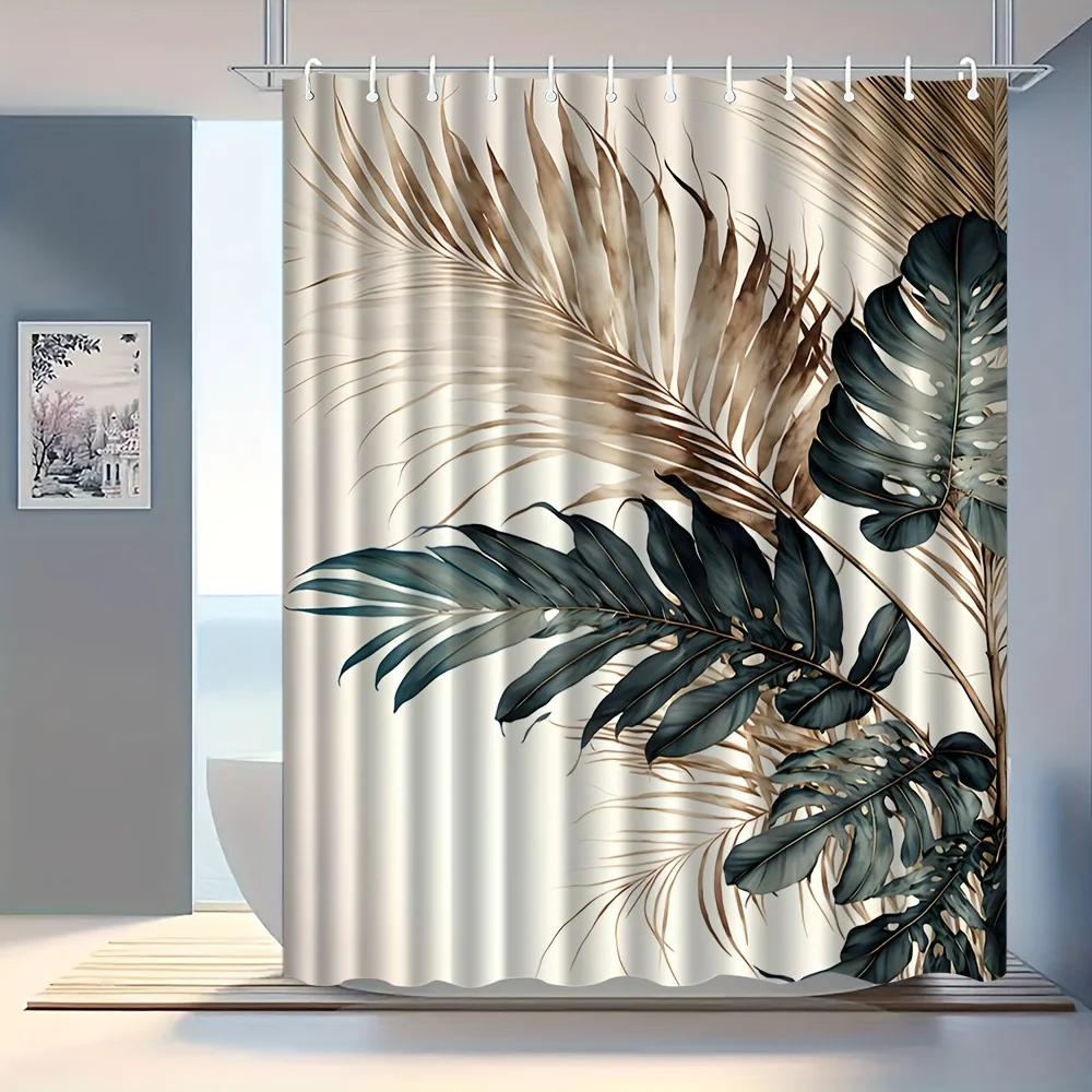 2D Flat, JIT1pcs Tropical Leaves Pattern Shower Curtain with Hooks, Washable Shower Curtain, Bathroom Divider, Bathroom Accessor