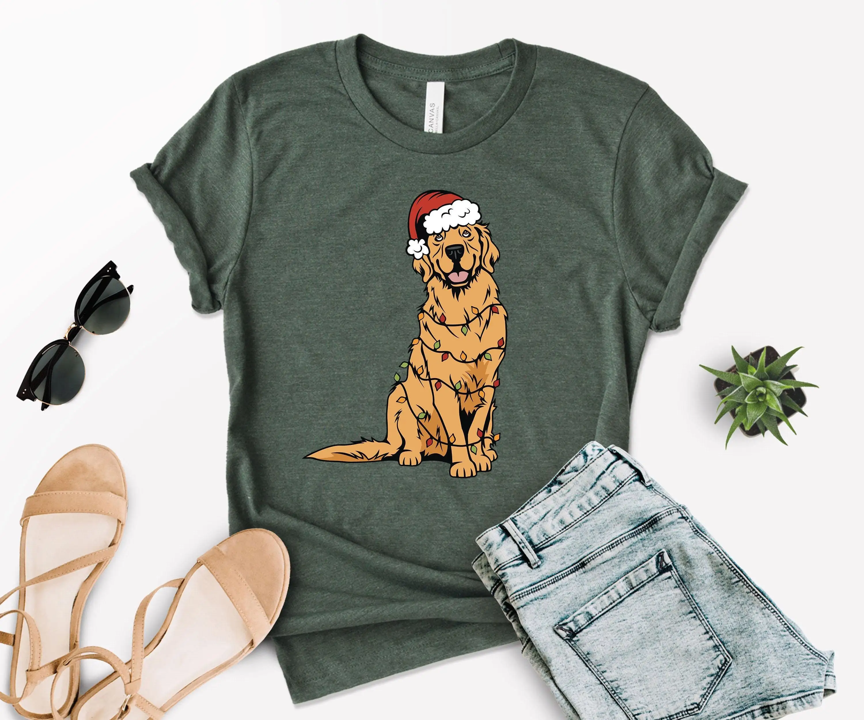 Christmas Golden Retriever T Shirt Dog Happy New Year Lights Mom For Lover