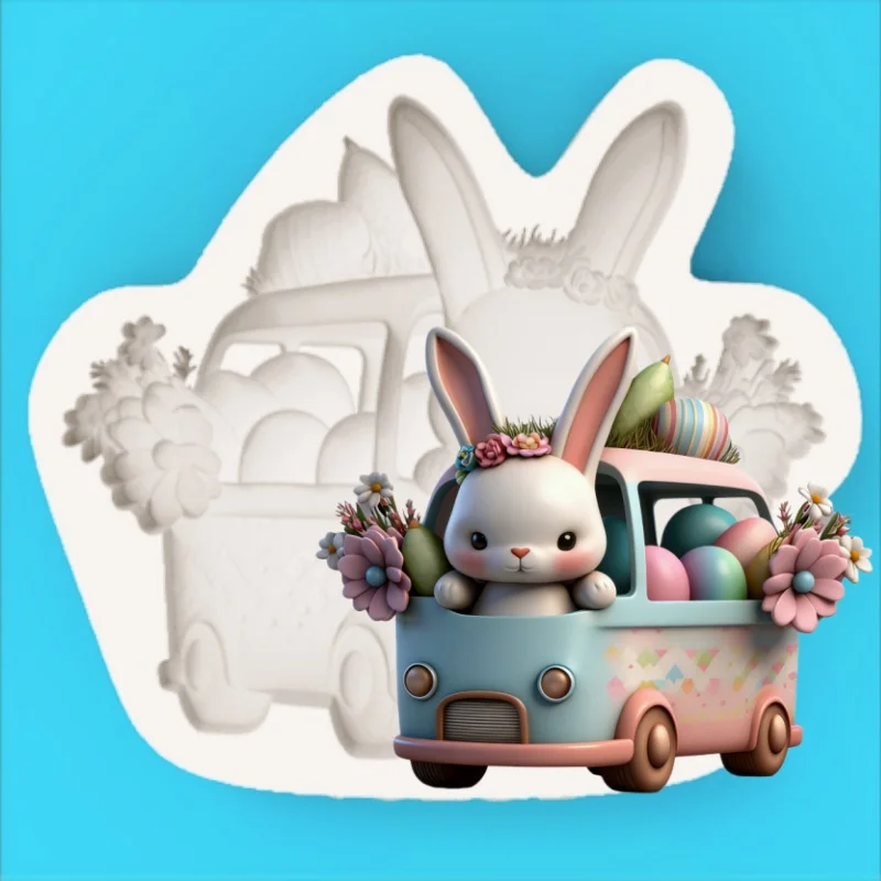 Happy Bunny Driver Mold - Mold for a Rabbit Driver Driving a Car Delivering Easter Eggs - Easter-Themed Dessert Scene Chocolate Fondant Cake Decoration DIY Silicone Mold
