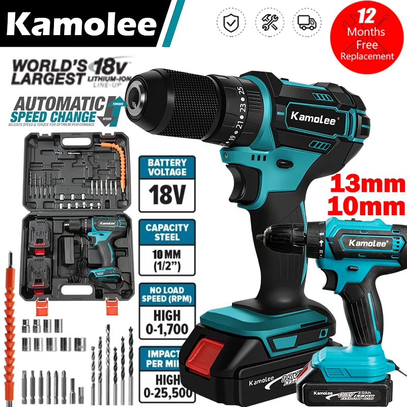 

Kamolee 10mm/13mm Brushed Cordless Electric Impact Drill Electric Screwdriver Home DIY Power Tools For Makita 18V Battery