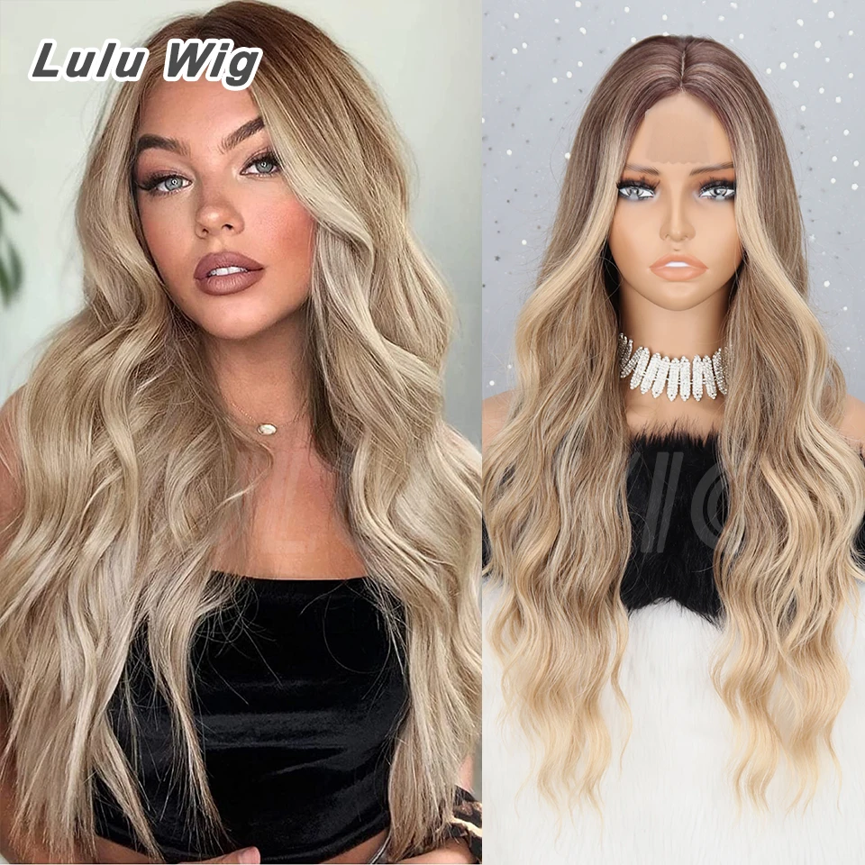 

Long Ombre Blonde Wavy Wig for Women 26 Inch Middle Part Curly Wavy Wig Natural Looking Synthetic Heat Resistant Fiber Wig