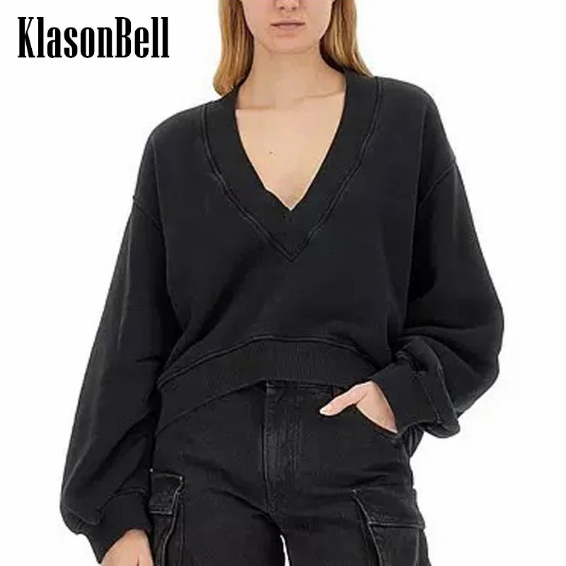 

10.10 KlasonBell Women Clothes 2024 Autumn New Fashion V-Neck Ruched Long Sleeve Pullover Top Casual Loose Black Sweatshirt