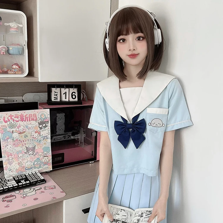 Soft Cute Cartoon Embroidered Collar JK Uniform Top 2025 New Navy Collar Short Sleeve Light Blue Top Short Jackets for Women