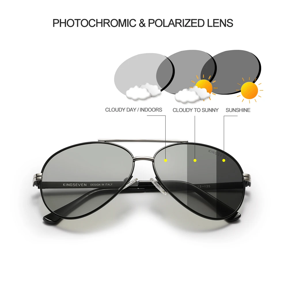KINGSEVEN Fashion Sunglasses Men‘s Pilot Photochromic Alloy Full Frame Glasses HD Polarized Driving UV400 Eye Protection Glasses