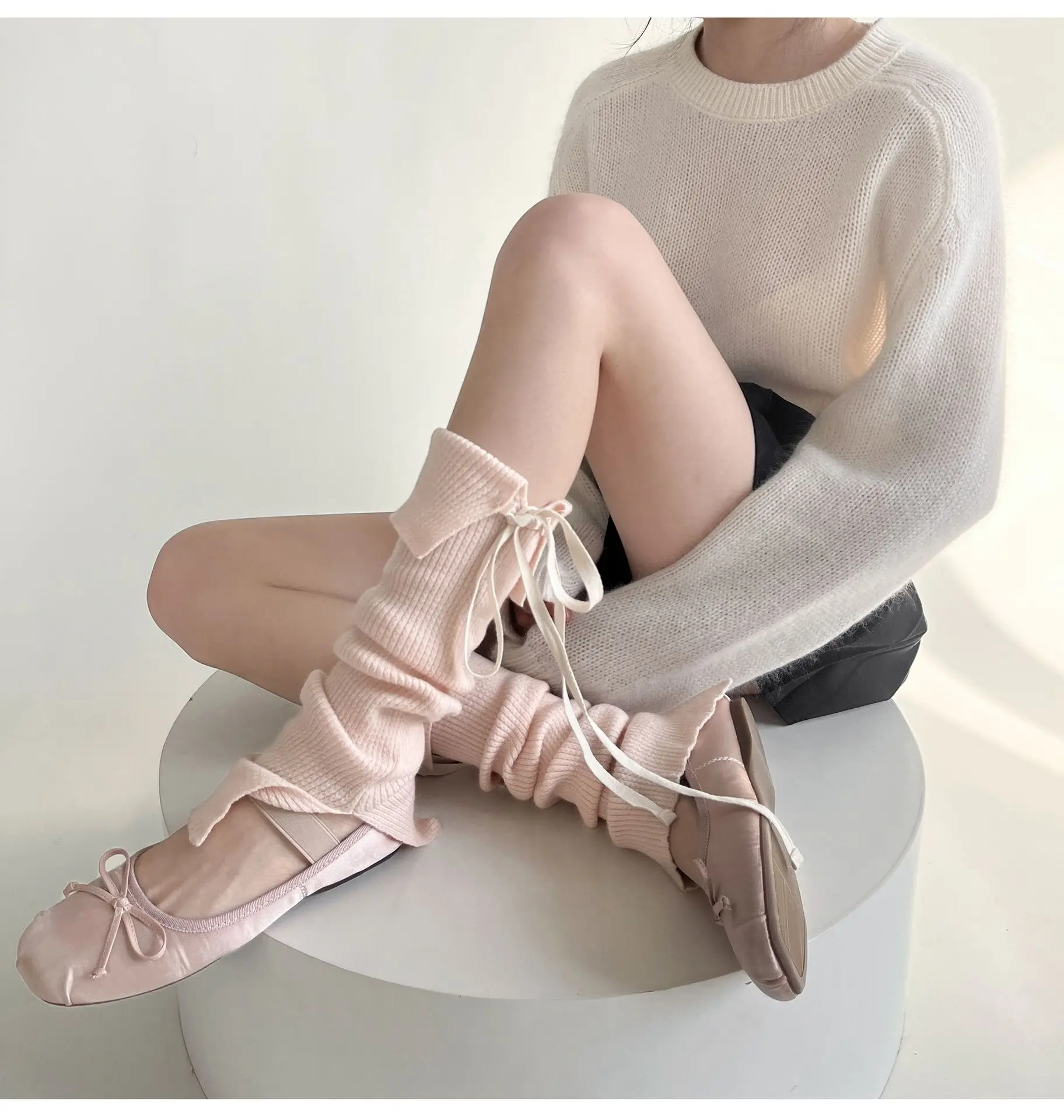 Solid Knitted Warm Foot Cover White Light Gray Pink Black Beige With Ribbon bow Sweet Ballet Style Attrctive Crochet Socks