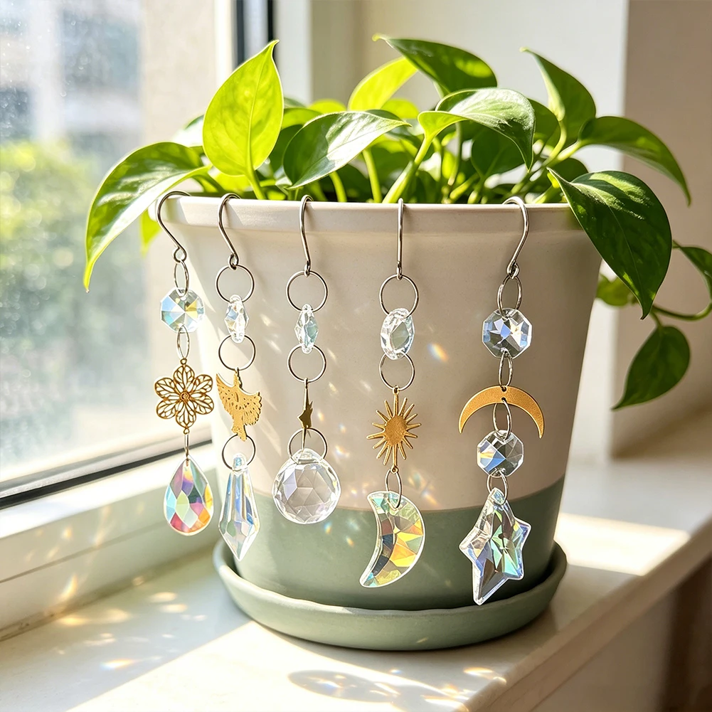 6pcs Auraro Crystal Suncatcher Hanging Ornament Moon Star Prism Ball Plant Pot Lamp Car Pendant with Hook Window Garden Decor
