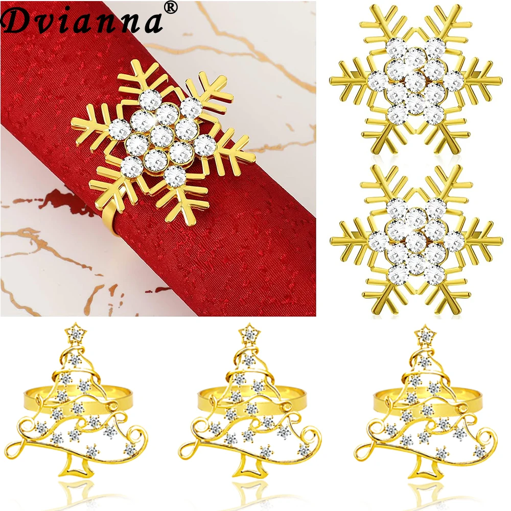 6Pcs Gold Christmas Napkin Rings Set Rhinestone Snowflake Xmas Tree Napkin Holders for Wedding Holiday Party Dinner Table Decor
