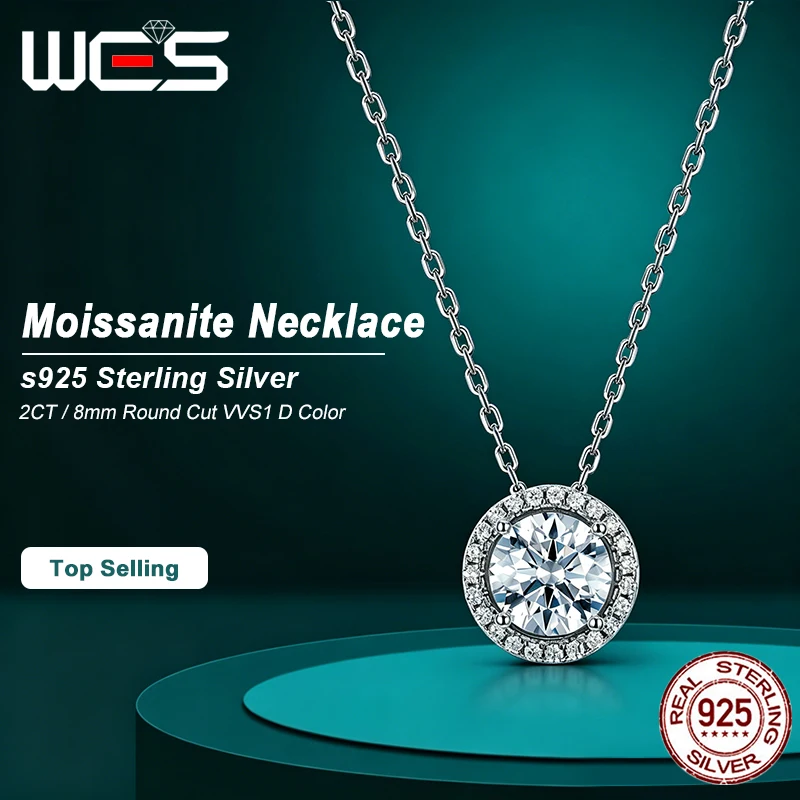 WES 2CT D Color VVS1 Moissanite Halo Necklace 925 Sterling Silver Round Cut Pendant Necklace For Women Fine Jewelry