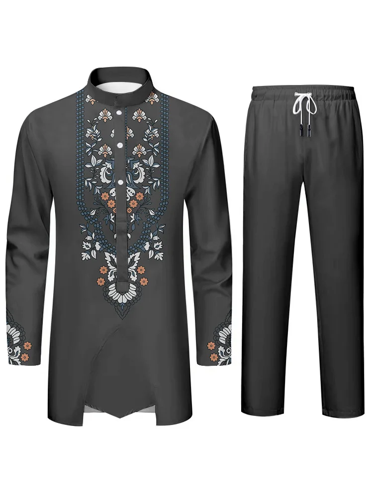 Elegant Stylish Mens Suit Fashion 3D Printing Printing African Cultural Dress Blouson Collar Long Sleeve Shirt and Trousers