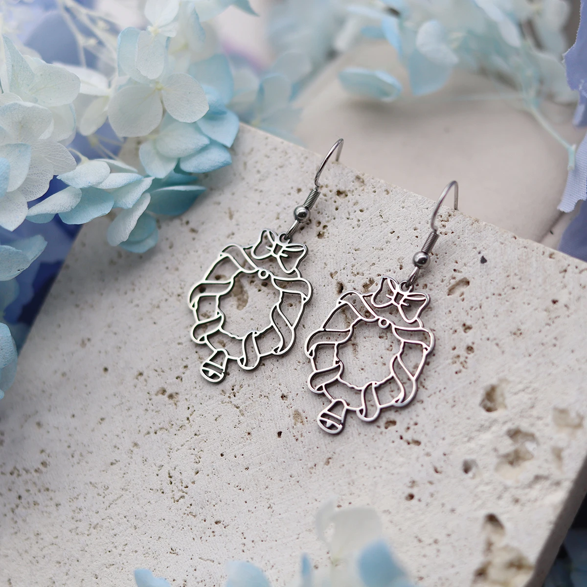 Kinitial Christmas Wreath With Bow & Bell Earrings Stainless Steel Dangle Earrings Christmas Hanging Earrings Party Jewelry