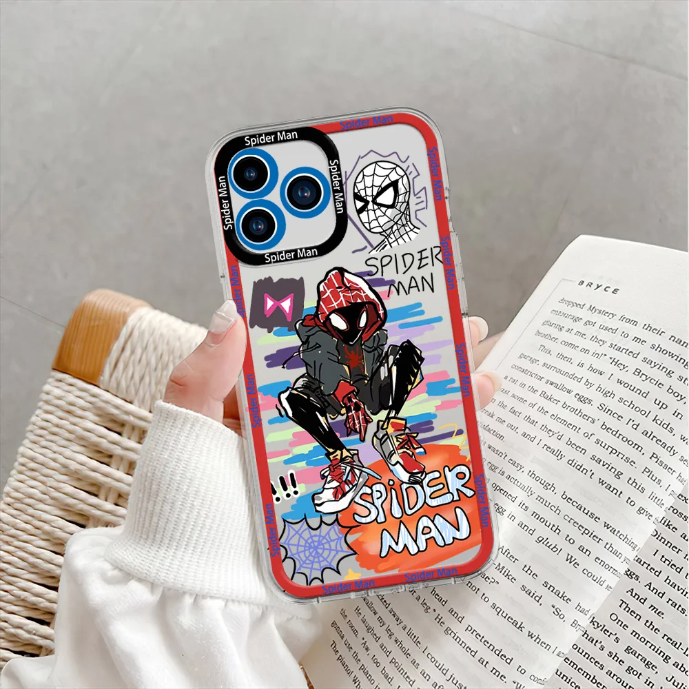 Capa de telefone MINISO Spider Ma Gwen para iPhone 12 11 13 14 15 16 Max Pro Plus com moldura transparente