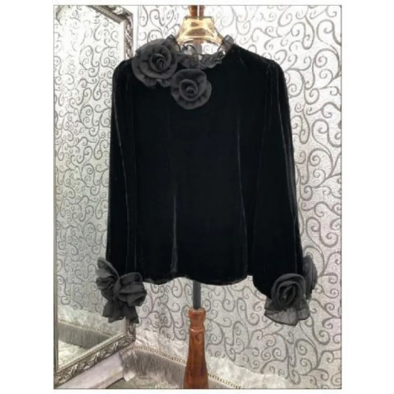 Chinese Style Long Sleeved Gold Velvet Top Blusa Feminina Blouse Women Three-dimensional Flowers Black Shirts Ropa Y2k Femme