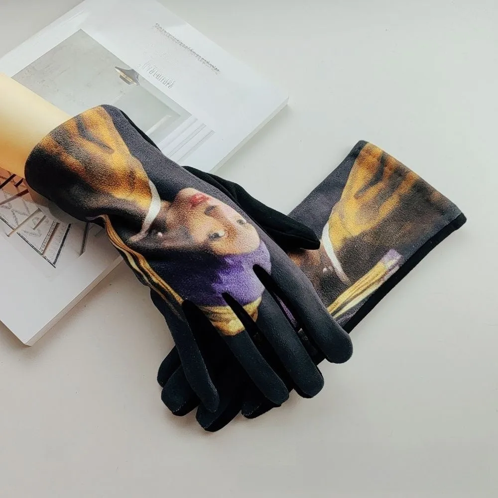 Oil Painting Print Touch Screen Gloves Thick Fleece Lining Touchscreen Friendly Fleece Lined Gloves Suede-like Material