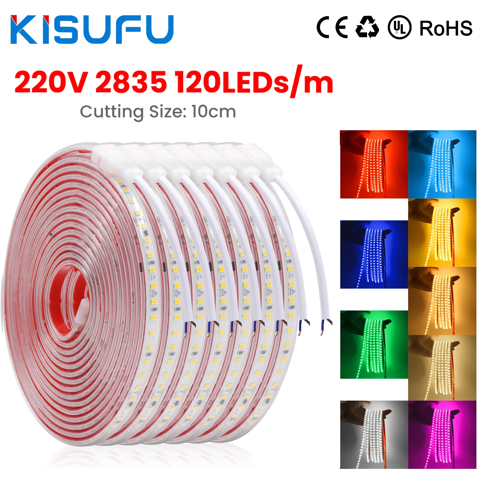 2835 AC 220V LED Strip Dimmable White/Green/Red/Blue/Pink/Yellow Waterproof 120LED Flexible Adhesive Led Tape Diode Lamp with IC