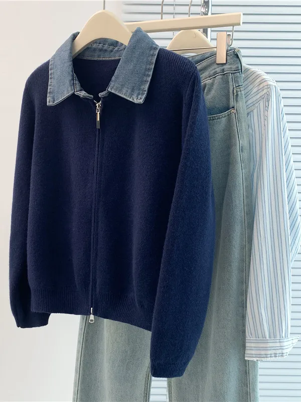 Coréen japonais haut de gamme Denim Patchwork pull Jaet grande taille Ele Double fermeture éclair tricoté irt décontracté coupe ample