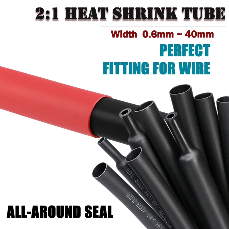 Diameter 0.6mm~40mm Black Red 2:1 Heat Shrink Tube Wire Repair Protector Polyolefin Insulated Shrinkable Cable SleeveTubing