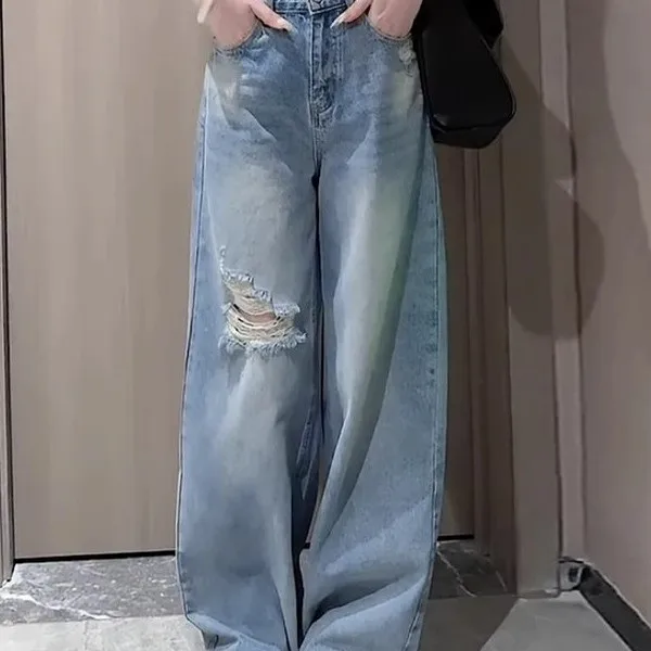 Jean rétro taille haute à jambes larges pour femmes, Design avec trou sens, Denim droit en coton extensible, résistant aux déchirures, coupe ample, printemps