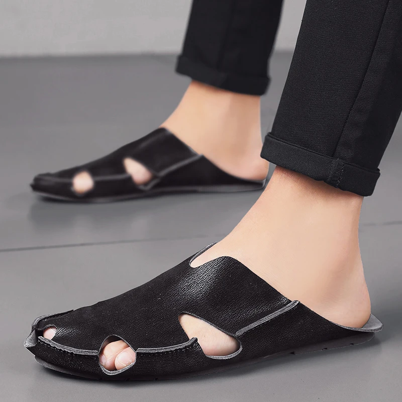 

Мужские кожаные тапочки, новинка 2025 года, стильные уличные тапочки из натуральной кожи, мягкие повседневные пляжные тапочки, летние удобные мужские шлепанцы
