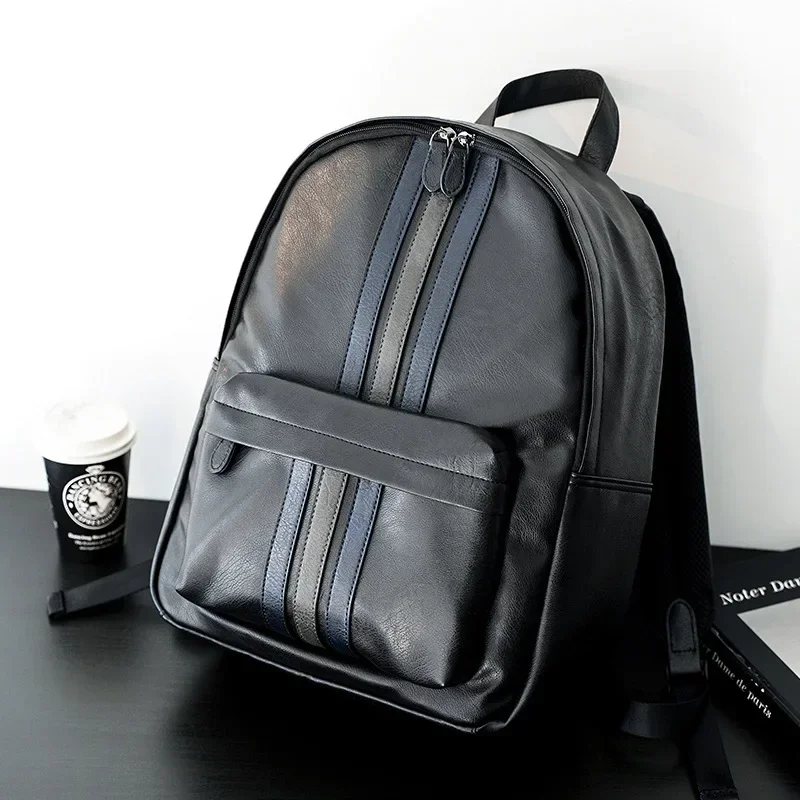 Fashion Men\'s Backpack Bag New Design Striped Backpack Men Women Casual Business Laptop Bag Soft PU Leather Student School Bag