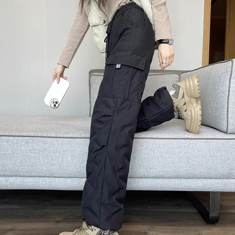 Women Thicken Warm Down Cotton Trousers Winter Outerwear Work Cargo Pants Snow Wear Bloomer Windproof Quilted Harem Pants