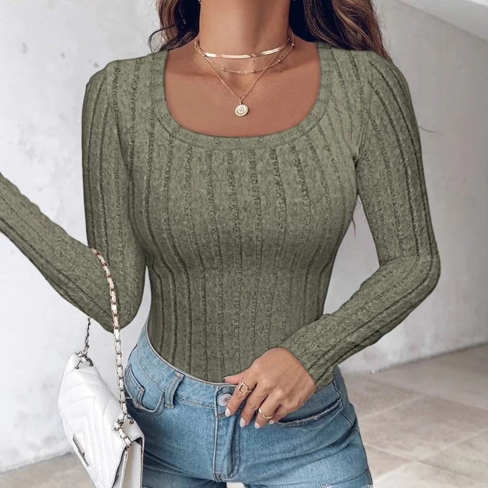 Women Square Neck Long Sleeve Ribbed Knit Top Slim Fit Casual Basic Tee Shirt Autumn Winter Layering Piece