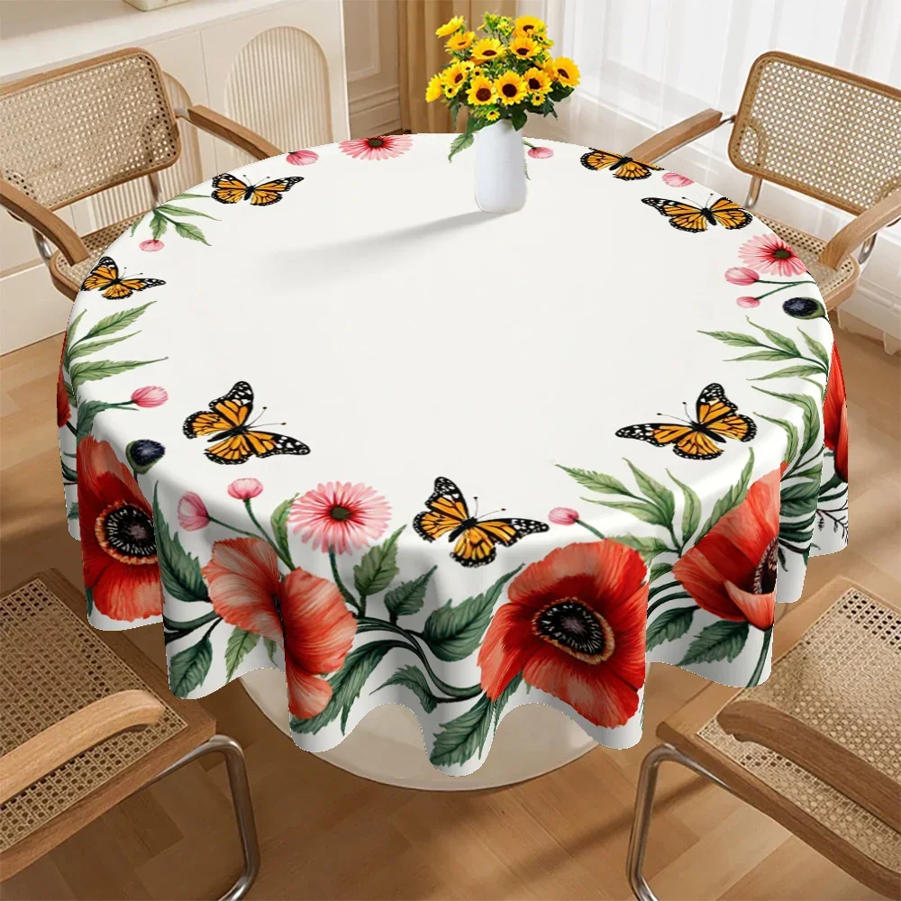Round tablecloth, tablecloth, table cover, round table cover, red and green floral poppy butterfly patternxzj