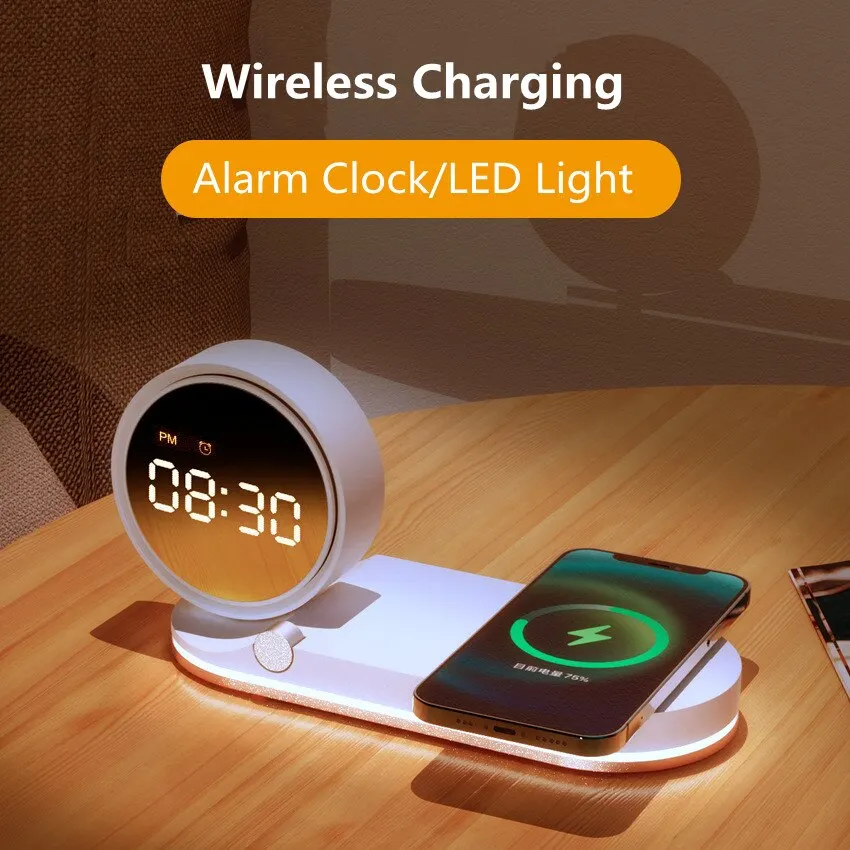 Multifunction Wireless Charger Pad Stand Alarm Clock LED Desk Lamp Night Light 15W Fast Charging Station Dock for iPhone Samsung