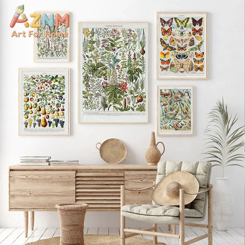 Vintage Classic Wall Art Plants Mushroom Medicine Flower Insect Butterfly Vegetable Pumpkin Carrot Canvas Oil Posters And Prints