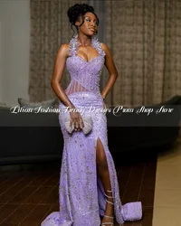 Lilac Purple Diamond Mermaid Prom Dress 2025 For Black Girls Glitter Luxury See Through Corset Sexy Split Birthday Party Custom