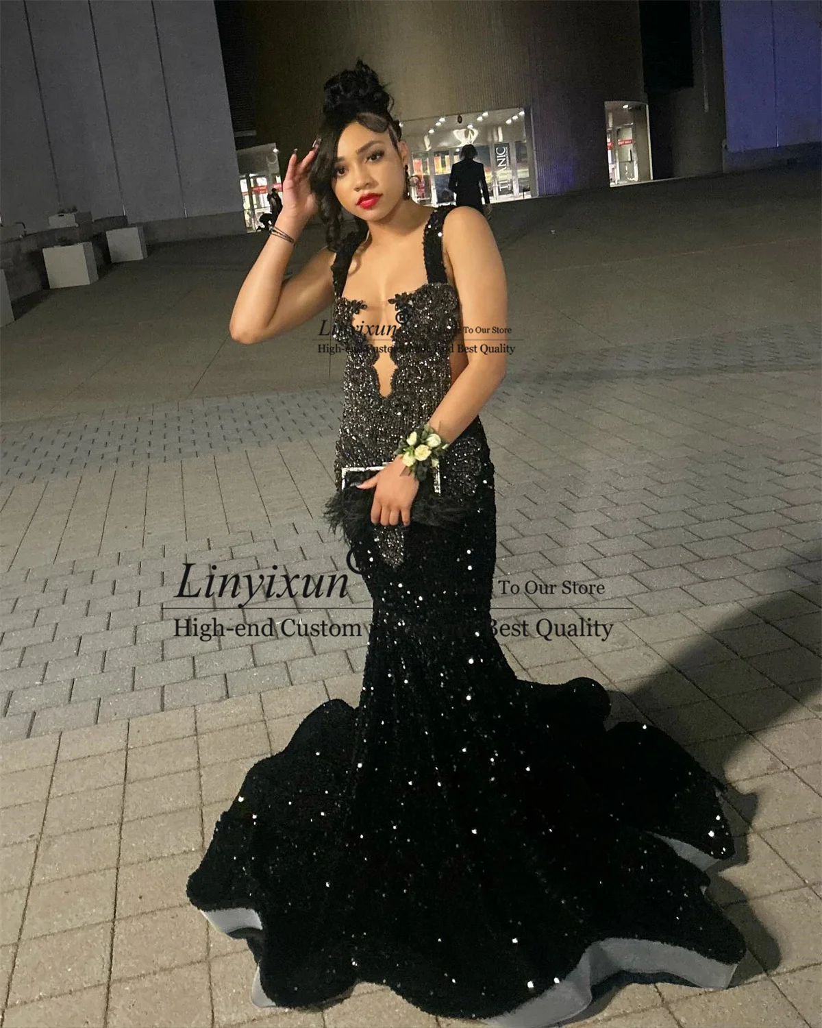 Elegante zeemeermin zwart meisje galajurken op maat gemaakte formele avondjurk glitter fluwelen pailletten diamant kristallen vestidos de noche