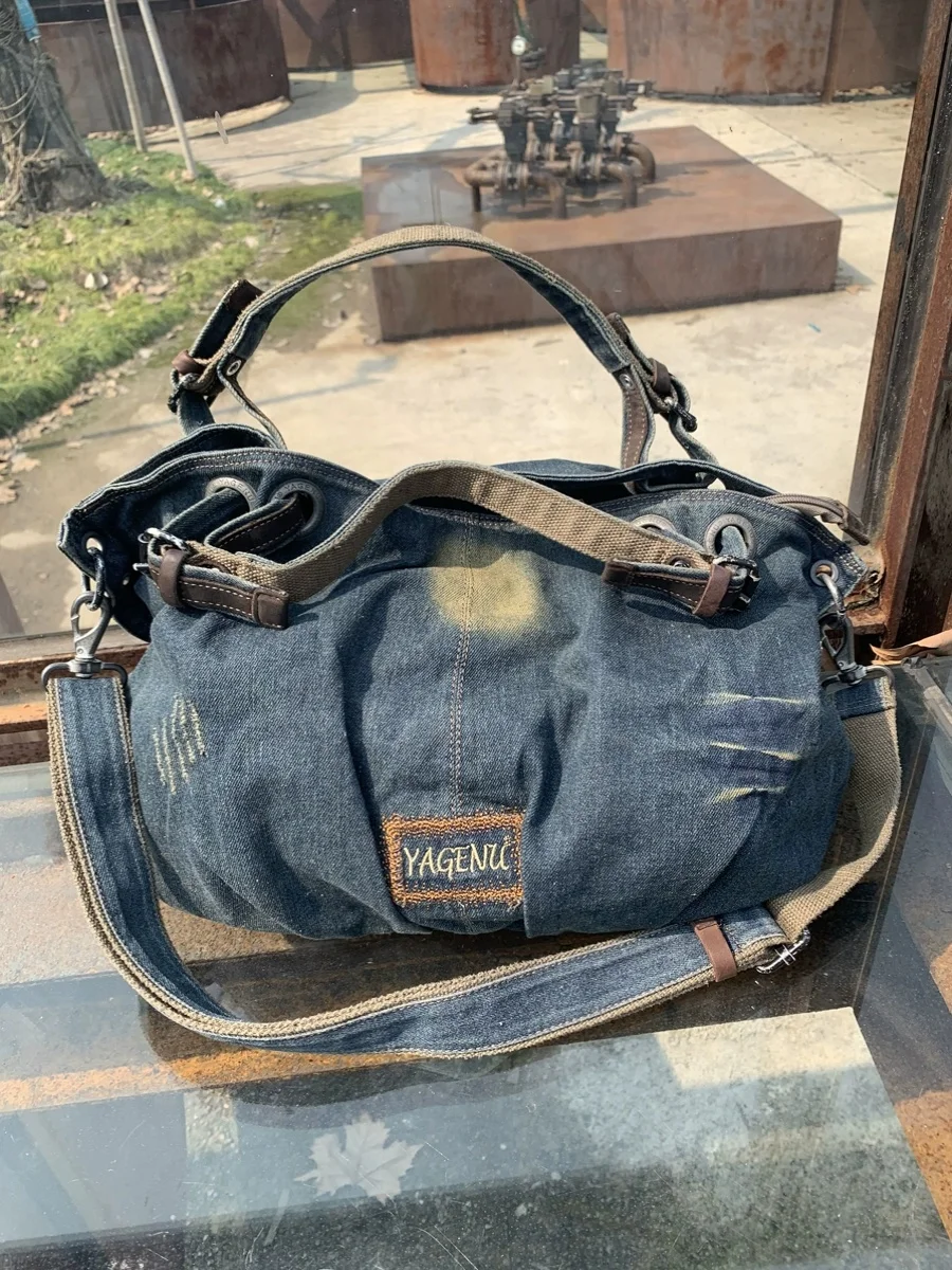 Casual Denim Women's Bag Large Capacity Outdoor Travel Handbag Trendy Single Shoulder Slant Cross Bag Soft Polyester Cotton L...