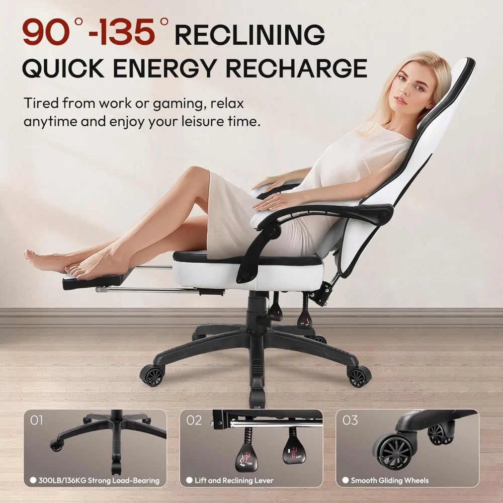 كرسي ألعاب مريح من جلد البولي يوريثان قابل للتنفس مع مسند للقدمين، دعم قطني للتدليك للكبيرة والطويلة، راحة للاعبين