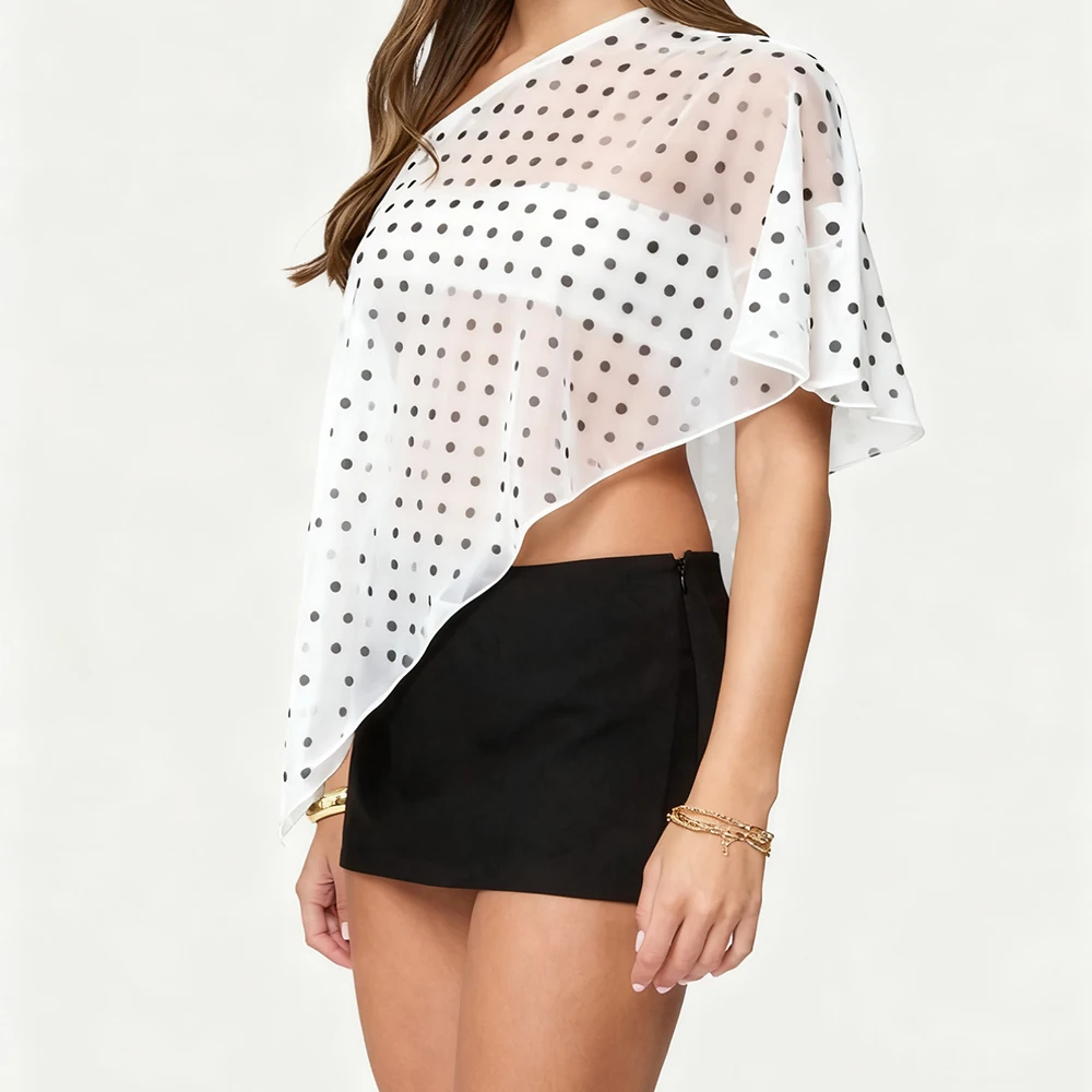 

Women Summer Vintage Irregular Polka Dot Print Casual Cover-ups Sexy See Through Loose Going Out Vacation Beach Pullover Tops