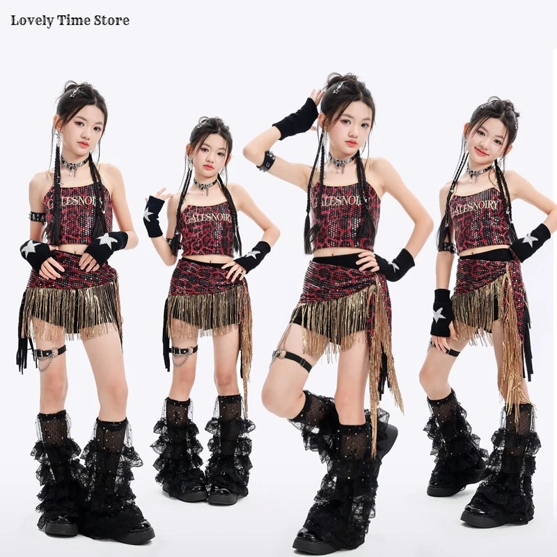 Girls K-pop Leopard Print Crop Top Fringed Diamante‌ Shorts Kids Hip Hop Jazz Clothes Sets Child Girl Group Street Dance Costume