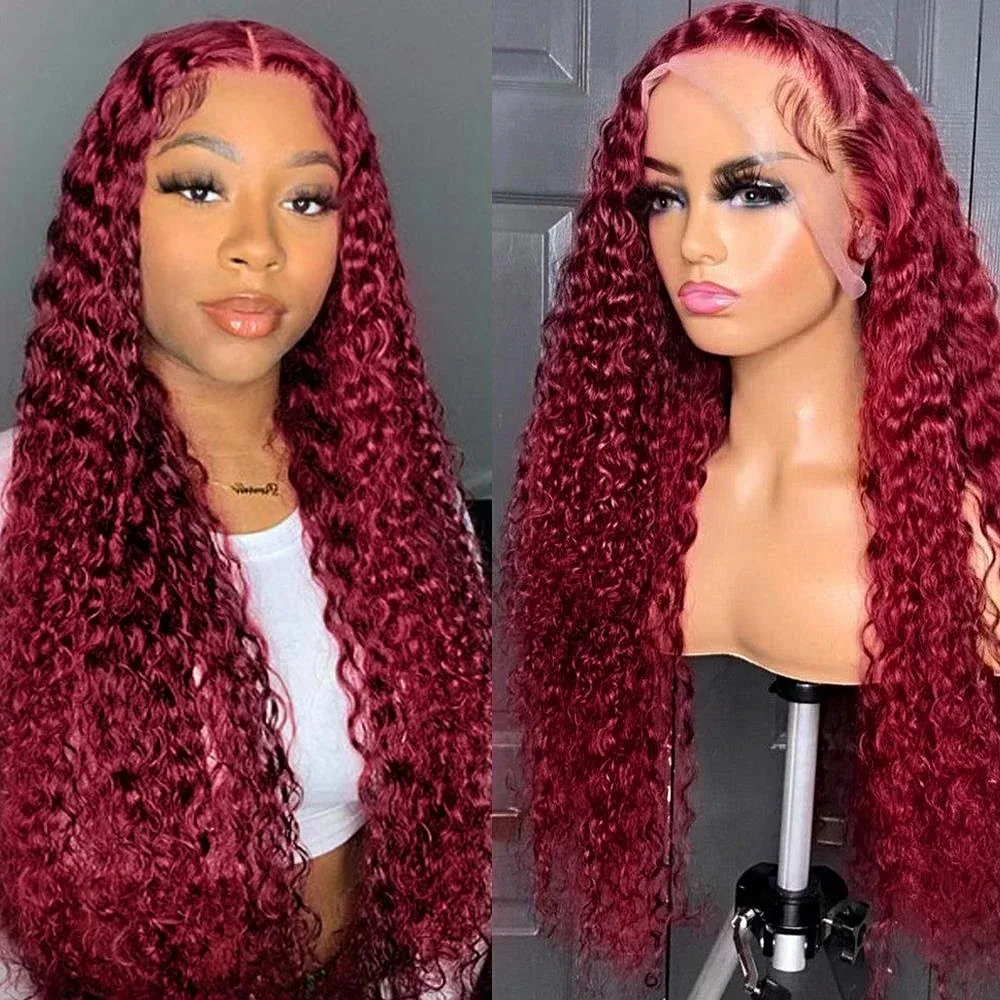 99J Burgundy Deep Wave  HD Lace Front Human Hair 220% Density Wig Red Colored 13x4 Transparent Curly Lace Frontal 30 40 inch Wig