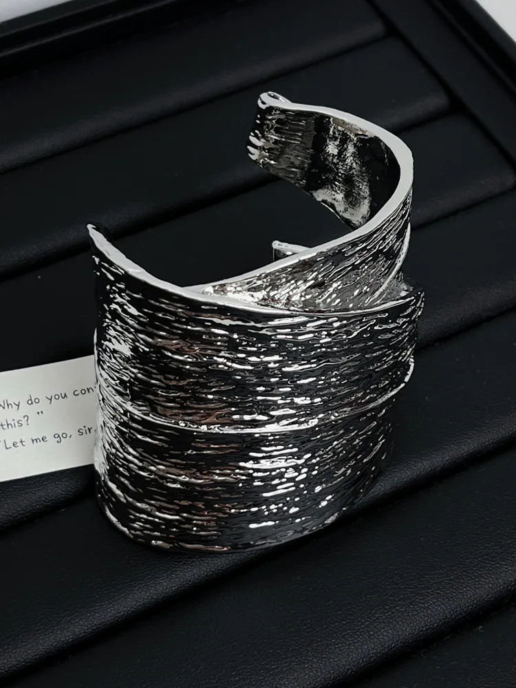 Vintage Irregular Metal Texture Wide Open Bracelets Bangles For Women Gold-plated Exaggerated Chunky Adjustable Jewelry