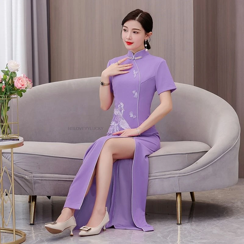 

New Vietnam Dress For Women Elegant Cheongsam Traditional Folk Qipao Asian Clothes Vestido Chinese Style Split Qipao Dress