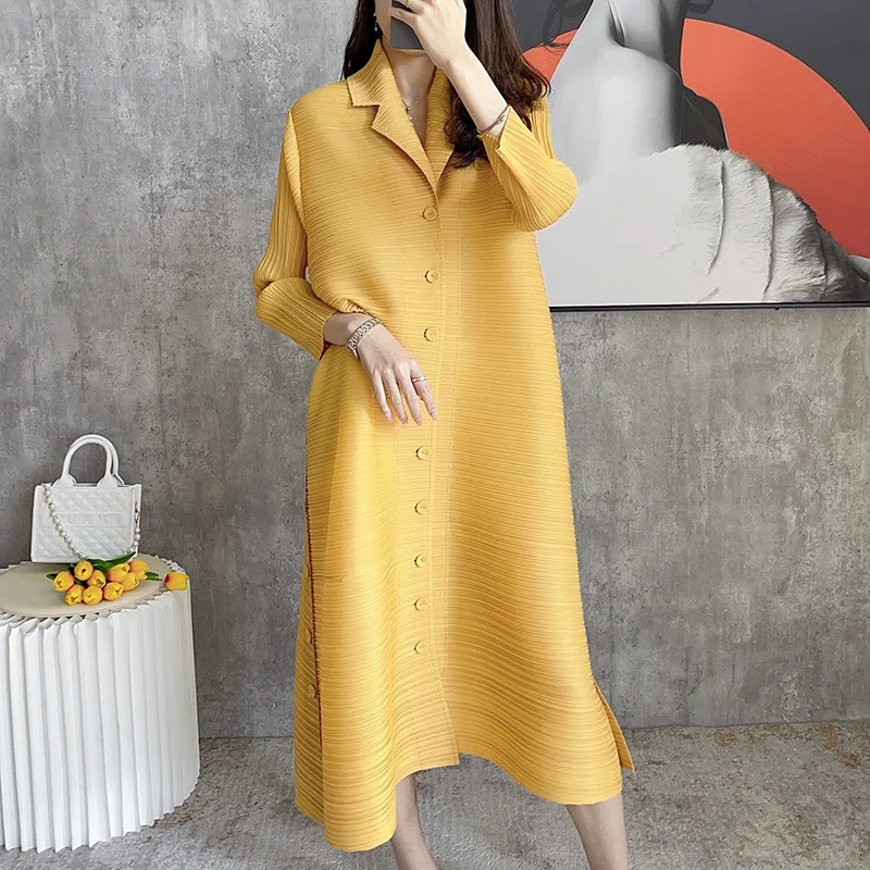 

Spring 2024New Dress Women Yellow Lapel Button Split Shirt Long Dresses Female Fashion Eelegant Loose Chic Formal Occasion Dress