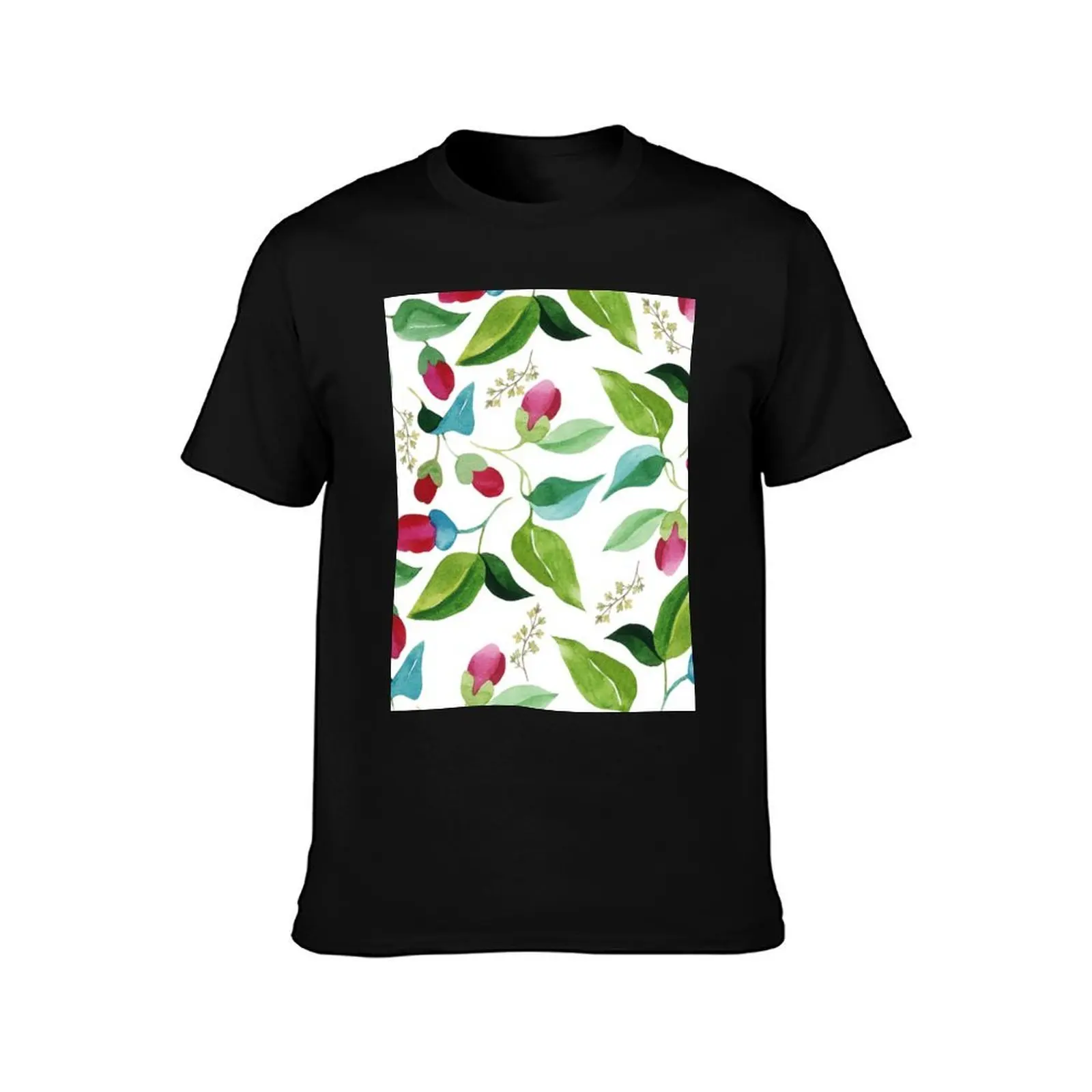 Hand painted red pink green watercolor floral pattern T-Shirt Summer Casual Cotton Tee Oversized Streetwear Tops 100% Cotton