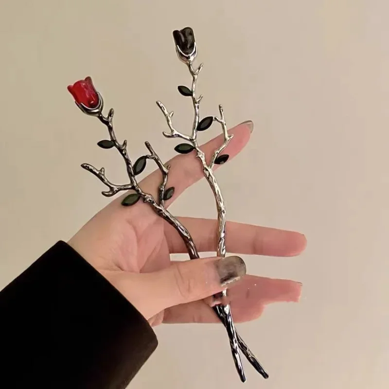 Vintage Rose hair sticks hairwear for women simple flower black red hairpins hair chopsticks disk hairsticks headdress jewelry