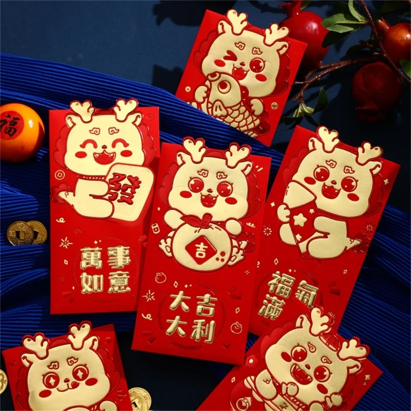 Y1UB Paquete rojo chino 2024 años, 6 uds., diseños únicos para regalar, regalo boda, fiesta cumpleaños, bolsa papel