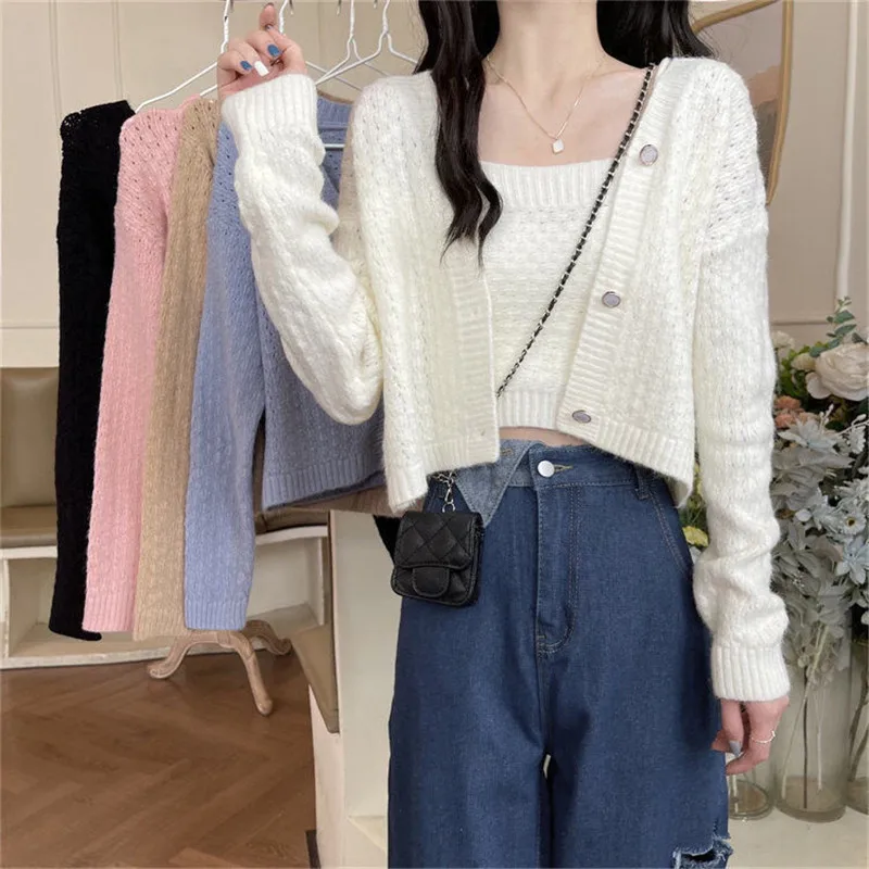 Women\'s Knitted Cardigan Jacket with Suspender Sweater Two-piece Set Korean Fashion Women Clothing Spring and Autumn Top Pink