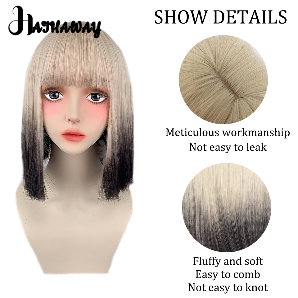 12 Inch Bangs Wig Headband Female Synthetic Highlights Black And White Gradient Wig Headband Cosplay Lolita Daily Wear